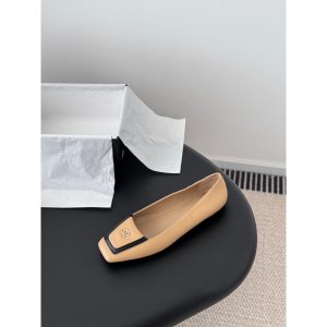 Chanel square-toe flat ballerina boat shoes with contrast black frame trim size35-40