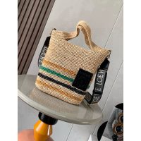 Loewe slit shoulder bucket tote holiday raffia resort beach bag with jacquard wide strap
