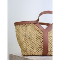 YSL Y chic raffia-braided open shoulder tote resort beach storage bag with removeable clutch - 图片 3