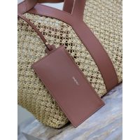 YSL Y chic raffia-braided open shoulder tote resort beach storage bag with removeable clutch - 图片 7