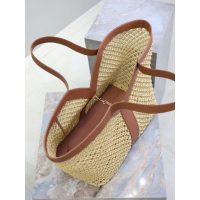YSL Y chic raffia-braided open shoulder tote resort beach storage bag with removeable clutch - 图片 5