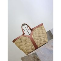 YSL Y chic raffia-braided open shoulder tote resort beach storage bag with removeable clutch