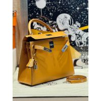 handcrafted Hermes Kelly 28 Sellier top-handle bag -Moutarde chevre leather boutique inclusion