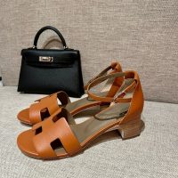Hermes women's block-heel Strappy Sandals in Tan Calfskin size35-42 boutique inclusion