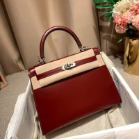 Hermes kelly 28 Burgundy handbag in box calfskin PHW full handmade boutique inclusion