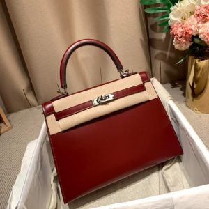 Hermes kelly 28 Burgundy handbag in box calfskin PHW full handmade boutique inclusion