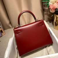 Hermes kelly 28 Burgundy handbag in box calfskin PHW full handmade boutique inclusion