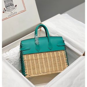 limited edition Hermes wicker Birkin 25 picnic handbag SHW-full handmade boutique package
