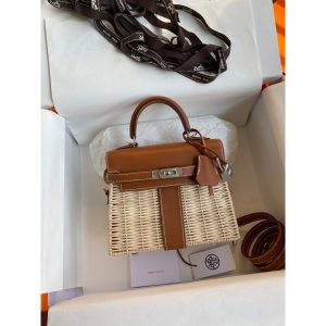 wicker-braided Hermes mini kelly picnic handbag SHW full handmade boutique package