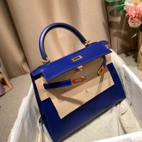 Hermes kelly 28 Bleu electrique handbag in box calfskin GHW full handmade boutique inclusion