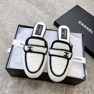 Chanel crocheted flat mules sandal inddor slipper in black ivory size 35-40