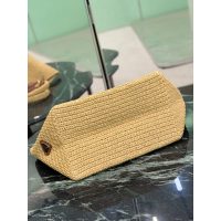 Beige Prada Raffia Tote Bag with Leather Clutch