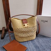 Celine ruffia-woven bucket handbag/shoulder crossbody tote/resort beach bag with zipper clutch