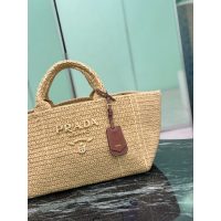 Beige Prada Raffia Tote Bag with Leather Clutch