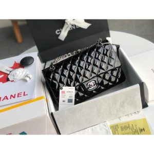 Chanel Medium shoulder double Flap Bag in black Patent Leather
