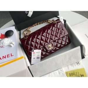 Chane Cf25 l Medium Double Flap Bag in burgundy Patent Leather