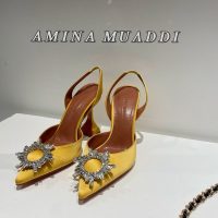 Amina Muaddi satin heel sandal pump crystal-sunflower dinner party footwear size35-42 10cm