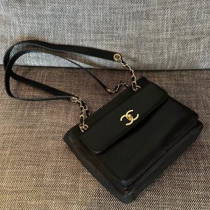Vintage Chanel Front Pocket Tote Bag in black smooth calfskin