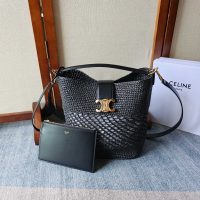Celine ruffia-woven bucket handbag/shoulder crossbody tote/resort beach bag with zipper clutch - 图片 2
