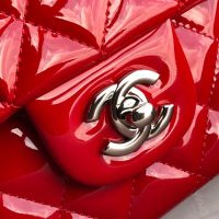 Chanel Medium shoulder double Flap Bag in red Patent Leather