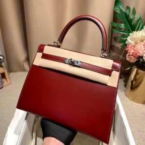 Hermes kelly 28 Burgundy handbag in box calfskin PHW full handmade boutique inclusion