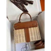 wicker-braided Hermes Kelly 25 picnic handbag SHW full handmade