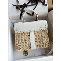 wicker-braided Hermes Kelly 25 picnic handbag SHW full handmade