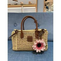 raffia-woven Miu miu basket handbag/elegant open beach tote with leather trim - 图片 3