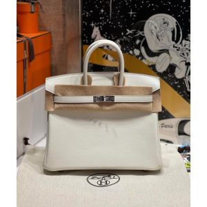 Hermes birkin 25 top-handle handbag PHW-craie swift leather full handmade/boutique inclusion