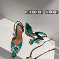 Amina Muaddi satin heel sandal pump pointed heel dancer shoes with crystal-sunflower size35-42 10cm - 图片 2