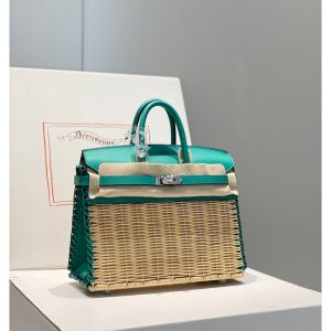 limited edition Hermes wicker Birkin 25 picnic handbag SHW-full handmade boutique package