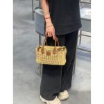 raffia-woven Miu miu basket handbag/elegant open beach tote with leather trim