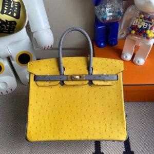 hermes ostrich Birkin 25 handbag color-contrast shopping tote business briefcase handmade stich