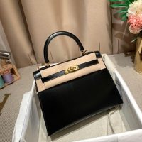 Hermes black kelly 28 top-handle handbag in box calfskin GHW full handmade boutique inclusion