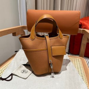 Hermes picotin 18 mini canvas bucket tote-gold brown SHW full handmade