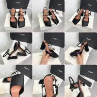 Amina muaddi satin heel sandal strapped chunky heel pump slipon dinner party shoes size35-42 9.5cm - 图片 7