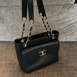 Vintage Chanel Front Pocket Tote Bag in black smooth calfskin