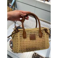 raffia-woven Miu miu basket handbag/elegant open beach tote with leather trim - 图片 5