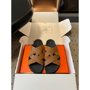 Hermes men's Extra Slide Sandals Cross-Strap Leather Mules size 39-46