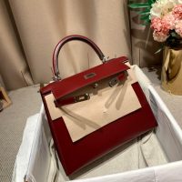 Hermes kelly 28 Burgundy handbag in box calfskin PHW full handmade boutique inclusion