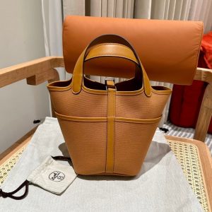 Hermes picotin 18 mini canvas bucket tote-gold brown SHW full handmade