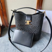 Celine ruffia-woven bucket handbag/shoulder crossbody tote/resort beach bag with zipper clutch - 图片 4