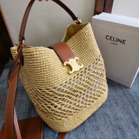 Celine ruffia-woven bucket handbag/shoulder crossbody tote/resort beach bag with zipper clutch - 图片 7