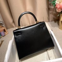 Hermes black kelly 28 top-handle handbag in box calfskin GHW full handmade boutique inclusion