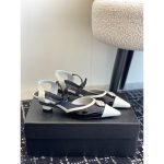 Chanel ankle-strapped slingback pump heel slipon shoes with pearl-adorned medallion