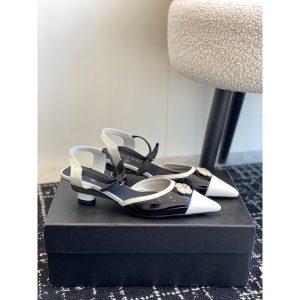 Chanel ankle-strapped slingback pump heel slipon shoes with pearl-adorned medallion