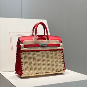 limited edition Hermes wicker Birkin 25 picnic handbag-full handmade boutique package