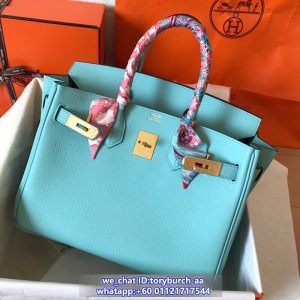 togo Hermes birkin 25 Bleu Atoll handbag GHW full handmade boutique inclusion