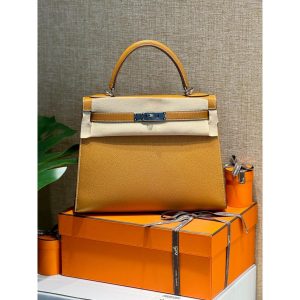handcrafted Hermes Kelly 28 Sellier top-handle bag -Moutarde chevre leather boutique inclusion