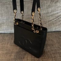 Vintage Chanel Front Pocket Tote Bag in black smooth calfskin